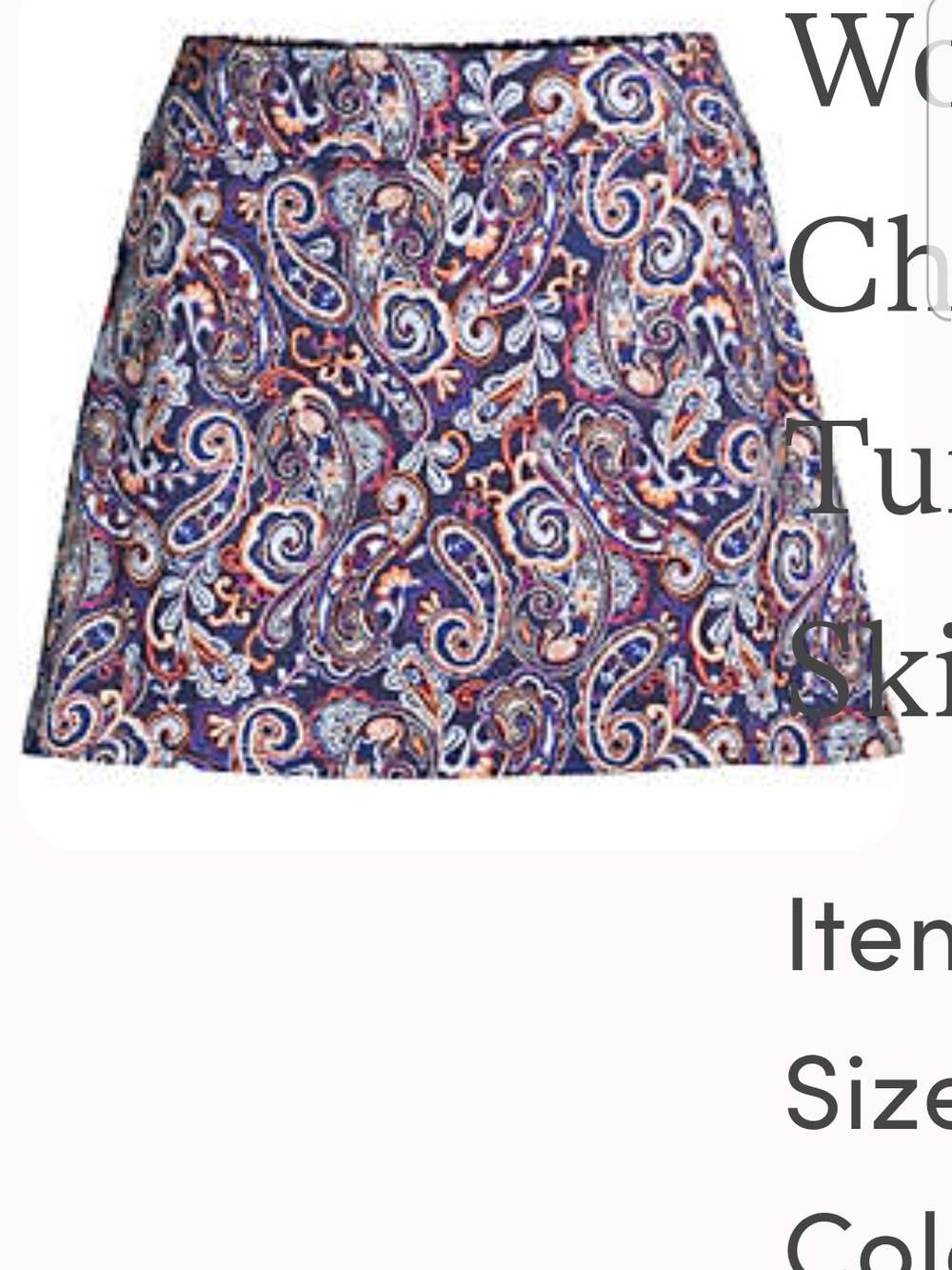 Lands' End Navy Paisley A-Line Swim Skirt with Coral & White Accents